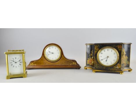 Brass and four glass carriage clock with lever movement, chinoiserie lacquered mantel clock and a mahogany mantel clock, 