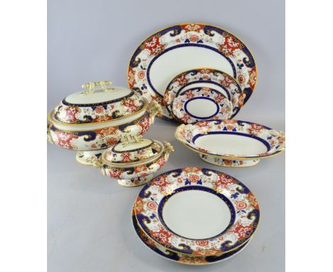 19th Century ironstone Ashworth pottery part dinner service in the Imari palette Soup Bowls - 6289 (1), 6416(1), 6417 (5), 68