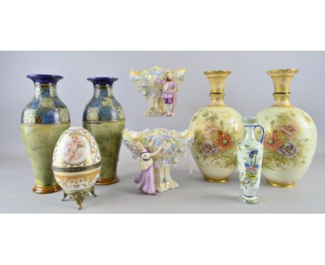 Pair of Doulton stoneware vases, a pair of Victorian vases, a pair of figural vases and a ceramic egg 