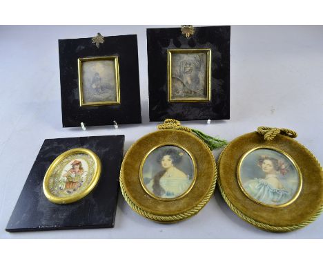 Pair of 20th century portrait miniatures of ladies in oval frames, pair of miniature prints of Napoleon and a small Victorian