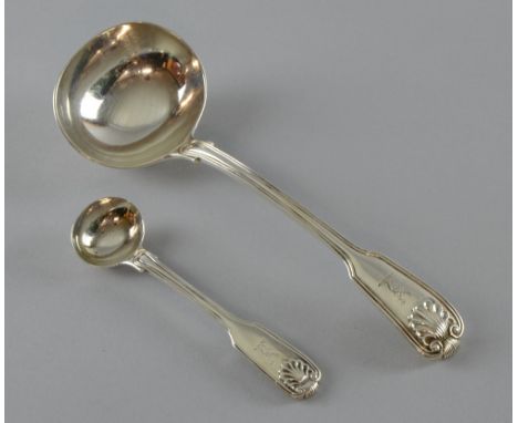 Victorian silver fiddle, thread and shell pattern sauce ladle and mustard spoon, by William Theobalds, London, 1841, 4oz, 124