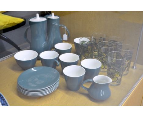 Poole pottery 'Blue Moon' tea and coffee service and a set of vintage drinking glasses in the style of Peggy Angus 