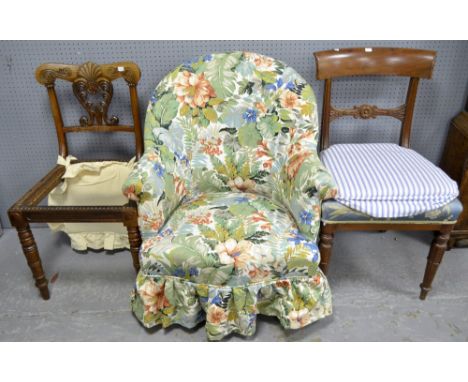 Painted fire surround Beech framed armchair and two other chairs 