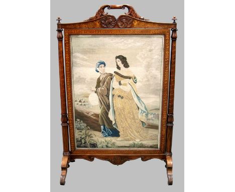 19th century rosewood and satinwood inlaid Sheraton revival firescreen, with carved decoration, panel depicting a man and a w