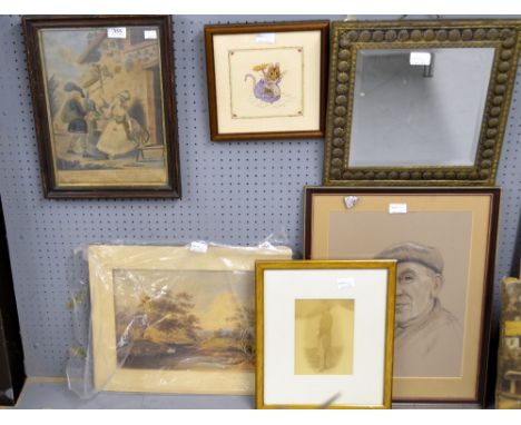 18th Century print and a watercolour landscape, a gilt framed mirror, a needlework and a portrait 