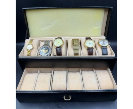 A black leather watch box containing a selection of wrist watches to include Seiko, Pulsar and Verity and a Philip Persio Tit