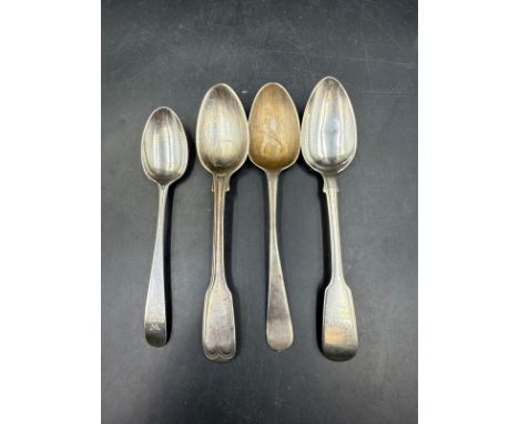 Four hallmarked teaspoons: Henry Bailey London 1904, James Beebe London 1825, Sarah & John William Blake London 1811, Possibl