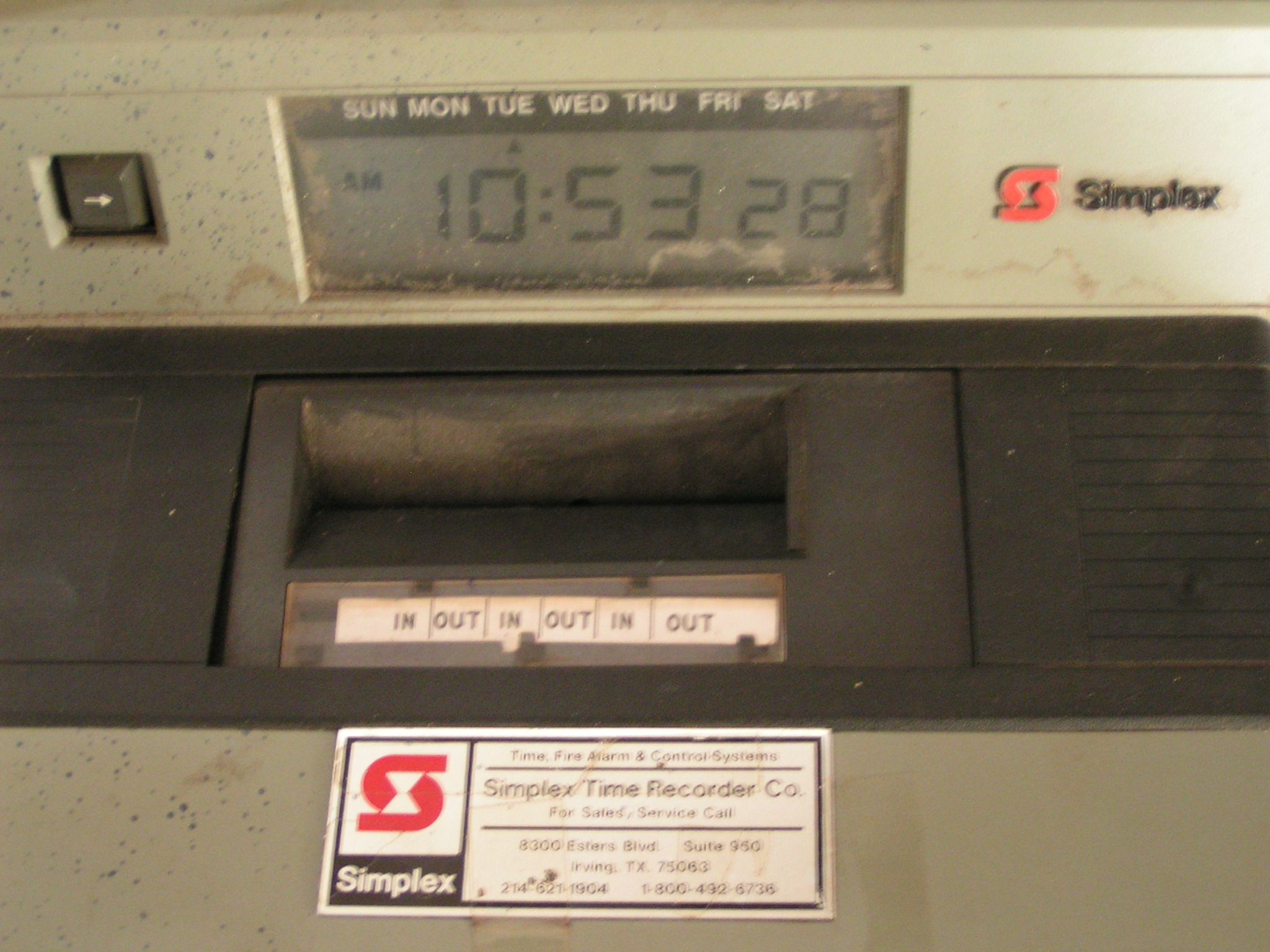 Simplex Time Recorder Time Clock, S/N B00084, Model 14039110, Hooks