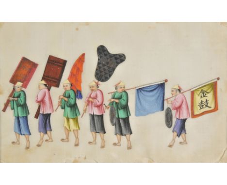 *Chinese Rice Paper Drawings. A group of 12 Chinese watercolours on rice paper, 19th century,  depicting processional scenes 