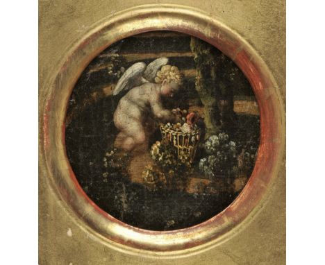 *Continental School. Amorino gathering flowers in a garden landscape,  early 18th century oil on canvas, 19.5 x 15.2 cm (7.7 
