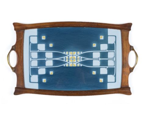*Tray. An Art Nouveau tray by Christian Neureuther, circa 1905,  coloured ceramic tile with design in blue, white and yellow,