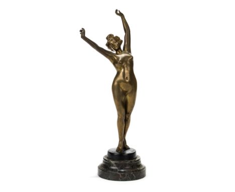 *French School. Standing nude,  art nouveau style bronze figure of a nude female, her arms outstretched, signed 'David', on a