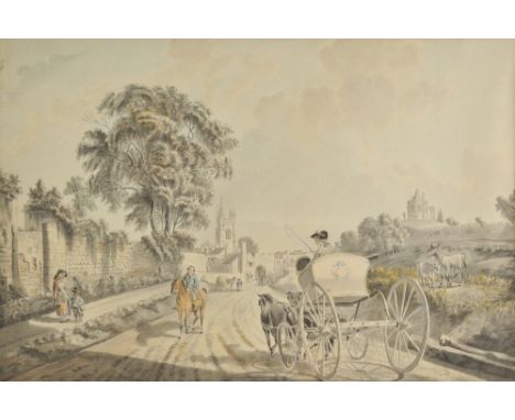 *Bulman (Job, 1745-1818). The North Gate, Cardiff, pencil and watercolour, showing the North Road with horse-drawn vehicles, 