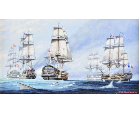 *@Hunt (Geoff, died 2008). Trafalgar - 'Victory' Breaking Through the Franco-Spanish Line, 1997, acrylic on board, showing a 