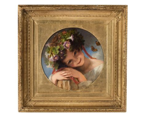 *English school. Portrait of a young girl, circa 1830,  circular oil on canvas, head and shoulders portrait of a young girl w