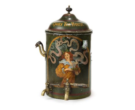 *Urn. An Art Nouveau Lyons Tea House urn,  the ceramic urn with two brass taps and one handle decorated with a female, with d