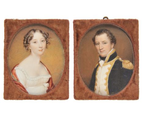 *Miniatures. Admiral Edward Hawker and his wife, Joanna Naomi (née Poore), circa 1815,  pair of watercolours on ivory, oval h