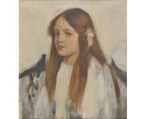 *English School. Portrait of a girl, circa 1910,  oil sketch on canvas, half-length portrait of a girl wearing a white dress 