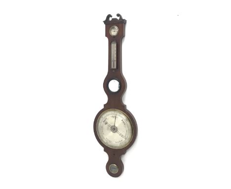 Early 19th century mahogany five dial banjo barometer, swan neck pediment above damp/dry dial and thermometer, silvered engra