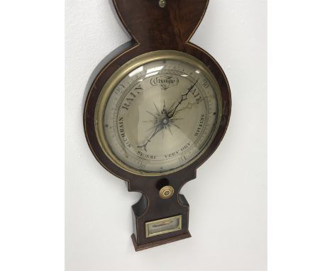 George III figured mahogany banjo barometer by 'P. Borini, Birmingham', swan neck pediment above damp/dry dial and thermomete