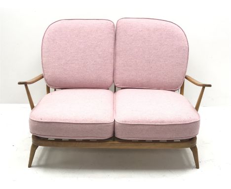 Ercol 'Windsor' beech frame two seat sofa with loose cushions upholstered in pink fabric, W134cm - Condition Report 