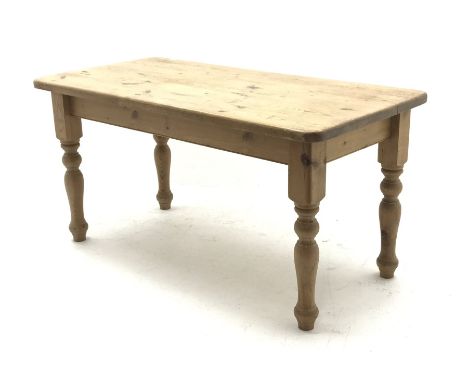 Rectangular pine farmhouse dining table (W75cm x L152cm) and four beech ladder back chairs with string seats - Condition Repo