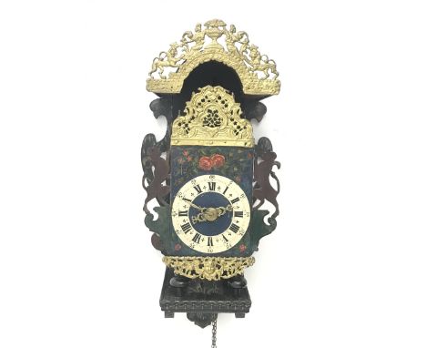 Early 19th century Dutch lantern clock with wall bracket, pierced and cast gilt metal decorative mounts, the dial with Roman 