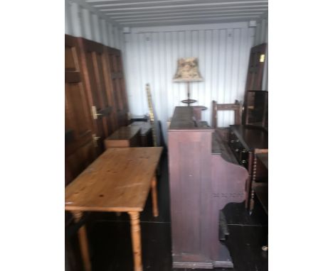 Container Auction. Entire container contents as per photographs, to include: a baby grand piano, stag chest, an organ, a stan