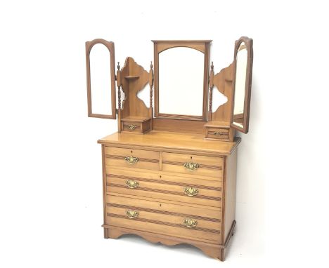  Edwardian satin walnut dressing chest, triple bevelled mirror back with two trinket drawers, the chest fitted with two short