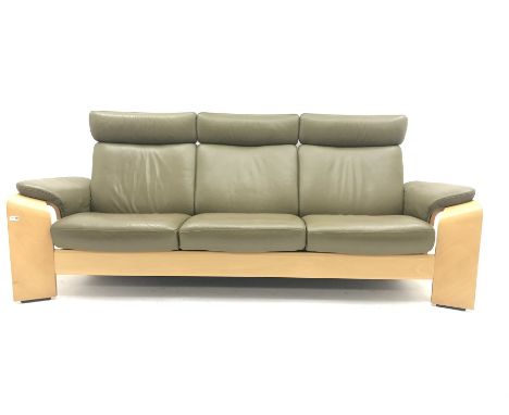 Stressless three seat light wood framed reclining sofa, upholstered in green leather with adjustable headrests, W230cm - Cond