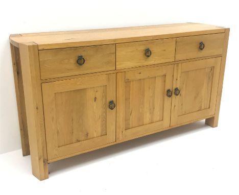  Light oak sideboard, three drawers above three cupboards, stile supports, W165cm, H86cm, D45cm   - Condition Report 