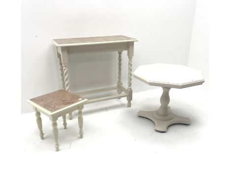 Painted console table with atlas themed top, barley twist supports (W77cm,  H74cm,  D36cm) a matching lamp table and a hexago