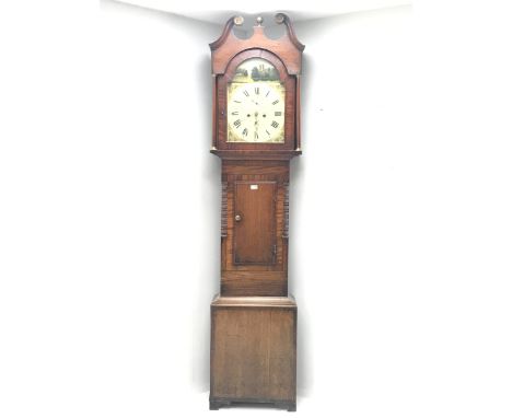  Early 19th century oak and mahogany longcase clock, the hood with swan neck pediment, trunk door flanked by canted corners w