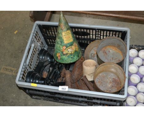 A box containing flat irons, scales, a Lucy Atwell fairy tree biscuit moneybox etc