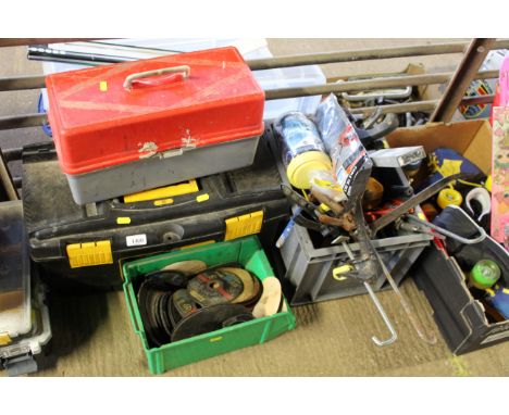 A plastic JCB toolbox, further toolbox, a box of tools and a box of discs