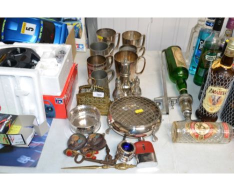 A collection of metal-ware to include rose bowl, hip flask, tankards etc.