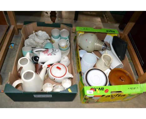 Two boxes containing Carlton ware leek dishes, Carlton ware teaware, Port Merion coffee pot, glass light shade etc