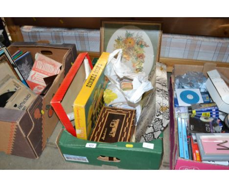 A box containing dried flower arrangement items; vintage beer mats; table tennis game and an inlaid trinket box