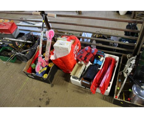 Two boxes and a bag of toys including roller skates, Thomas the Tank Engine set etc