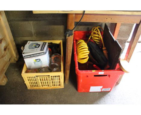 A box of tools; a box of kilner jars; a kettle etc