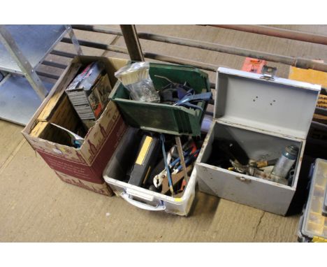 Three boxes of tools, grease gun etc