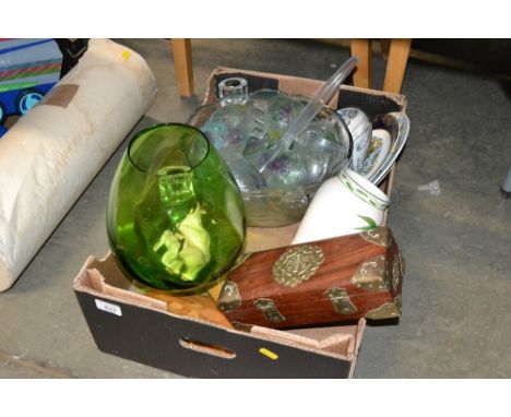 A box containing hard wooden brass inlaid trinket box; punch bowl and cups; large glass goblet etc