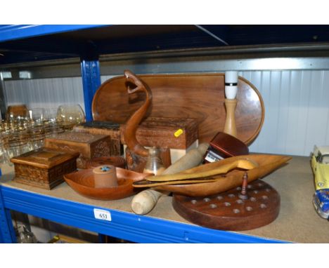 A collection of wooden items to include trinket boxes, tray ornaments etc.