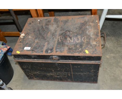 A metal storage trunk