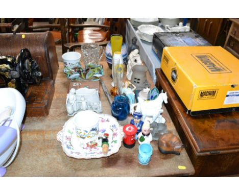A collection of decorative glass and china to include ornaments, art glass dish, inlaid trinket box, medina glass vase etc