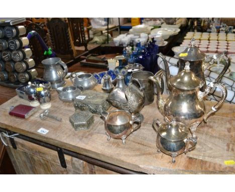 A collection of metal ware to include silver plated teaware, trinket boxes, peweter tankard, hip flask etc