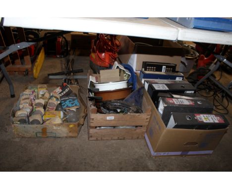 Three boxes containing light bulbs, files, kitchenalia etc