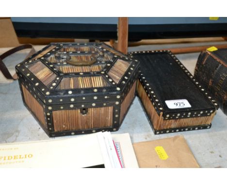 A porcupine quill decorated trinket box and another similar