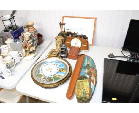 Three various clocks a boxed camera, tripod, wall plates and plaques, model cart horse etc.