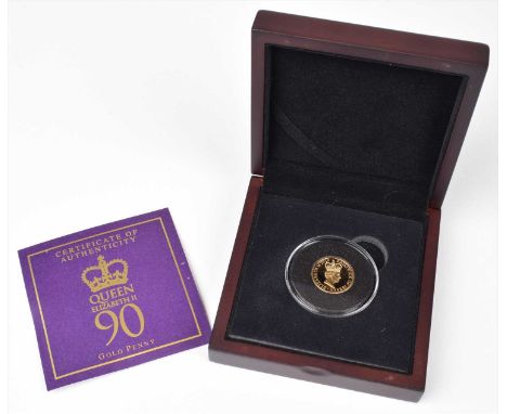 2016, Proof One Penny, Jersey, weight 4g, diameter 20.30mm, struck in 375/1000 gold, with obverse 90th Birthday Portrait by L